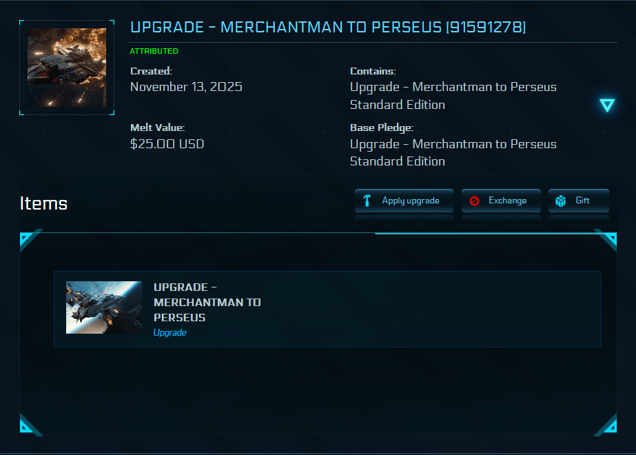 Old Warbond CCU Banu Merchantman->Perseus